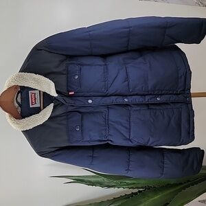 Levi's Men's Quilted Sherpa Collared Woodsman Puffer Jacket Blue Black Tan Sz XL